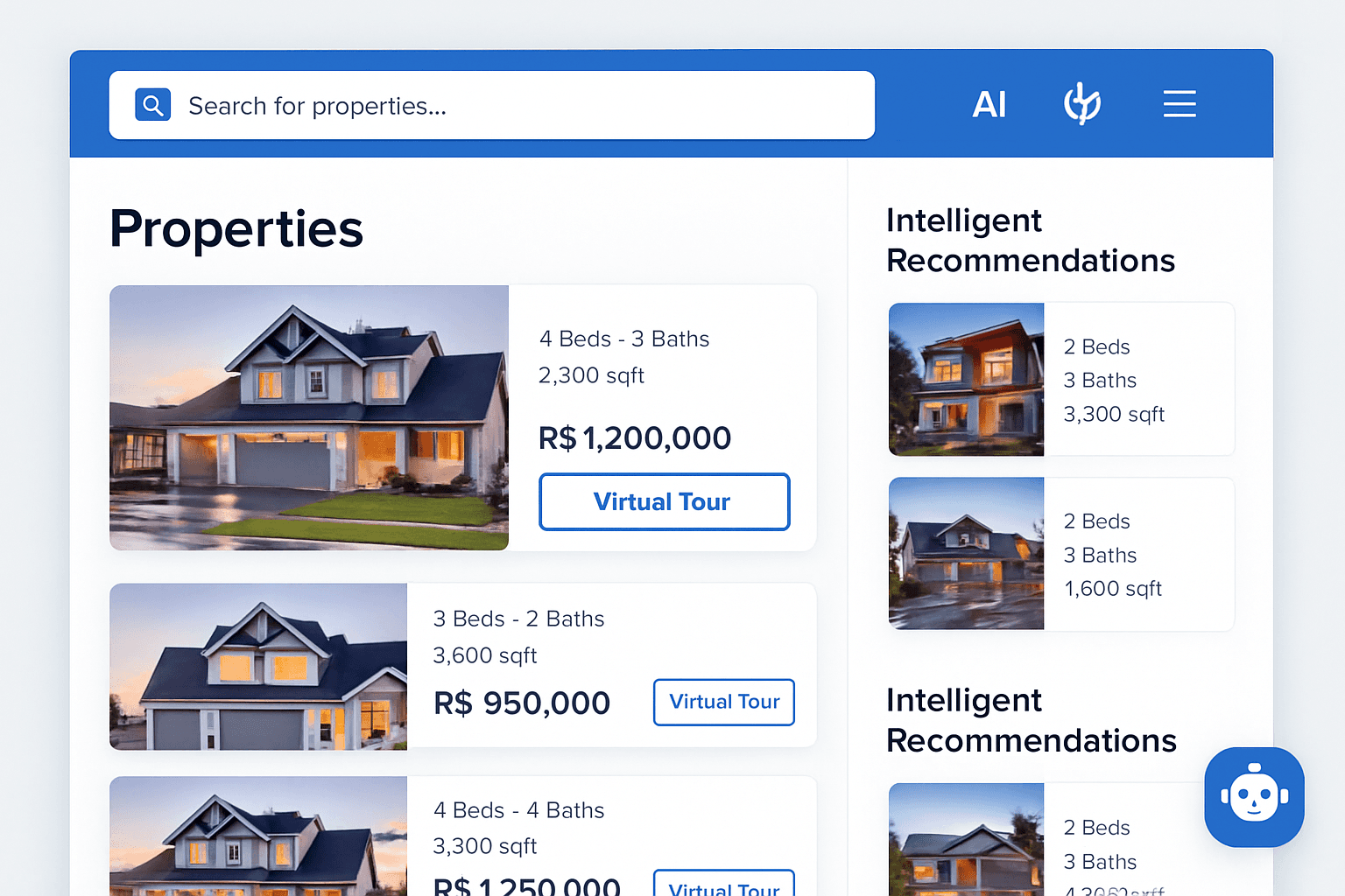 Site Imobiliária com IA - Portal imobiliário com recomendações inteligentes e chatbot para qualificação de leads